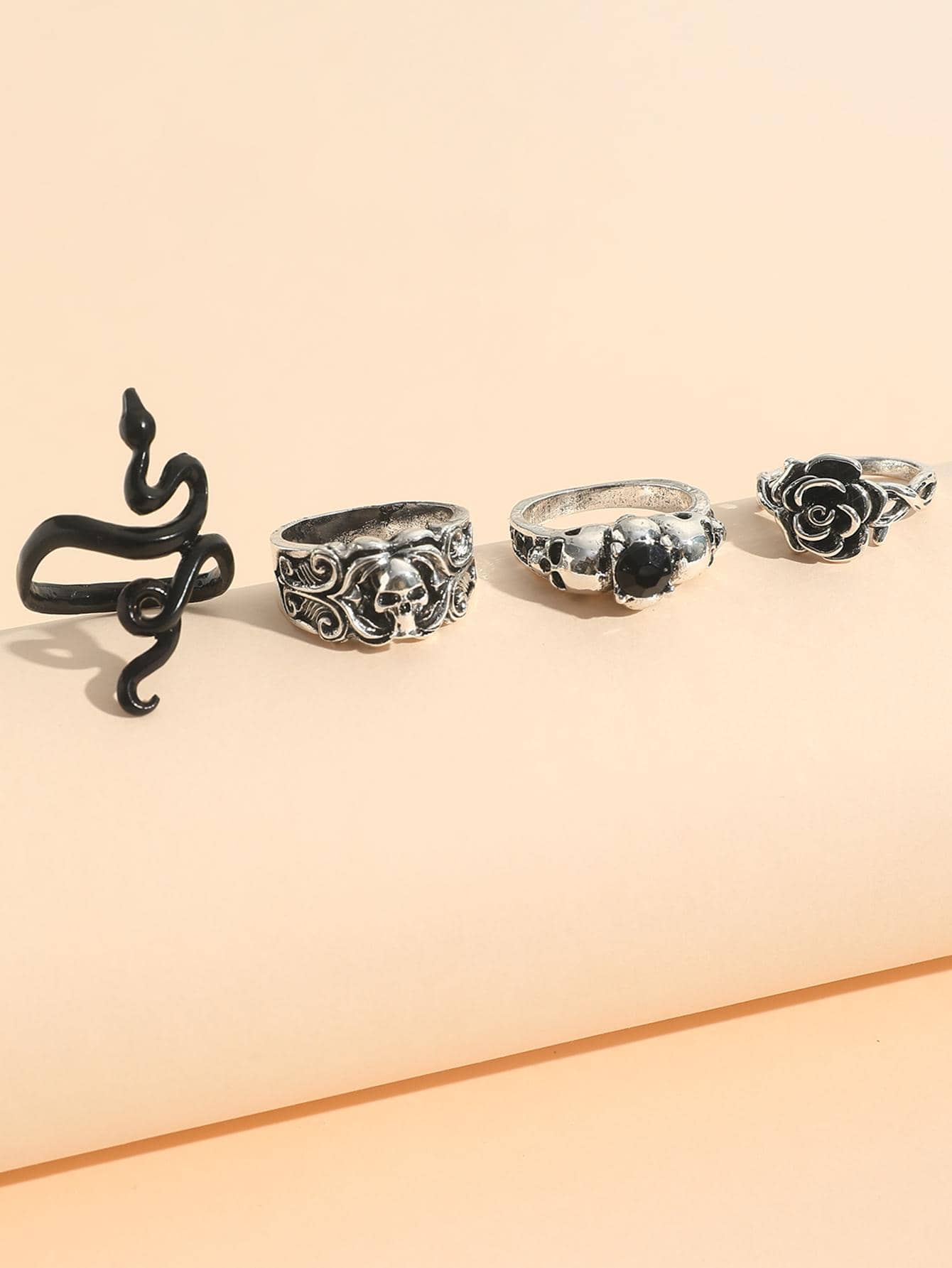 Kit 4 Anéis Antico Romano | Caveira e Flor Liga de Zinco