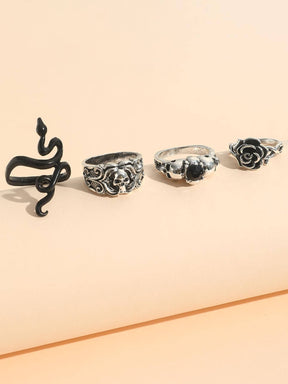 Kit 4 Anéis Antico Romano | Caveira e Flor Liga de Zinco
