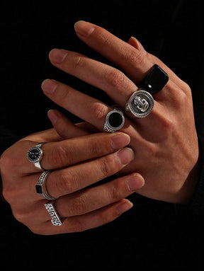 Kit 6 Anéis Retrô Roma | Caveira Masculino Liga de Zinco